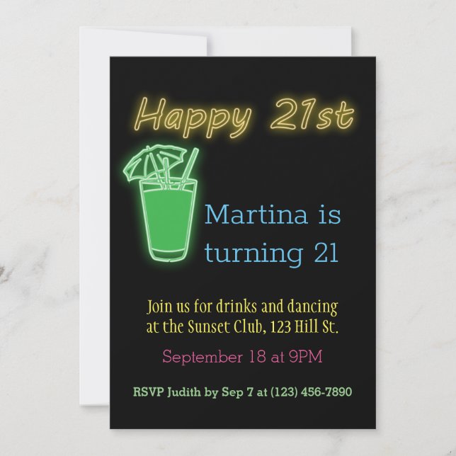 Neon Drinks And Dancing 21st Birthday Party Invitation (Front)