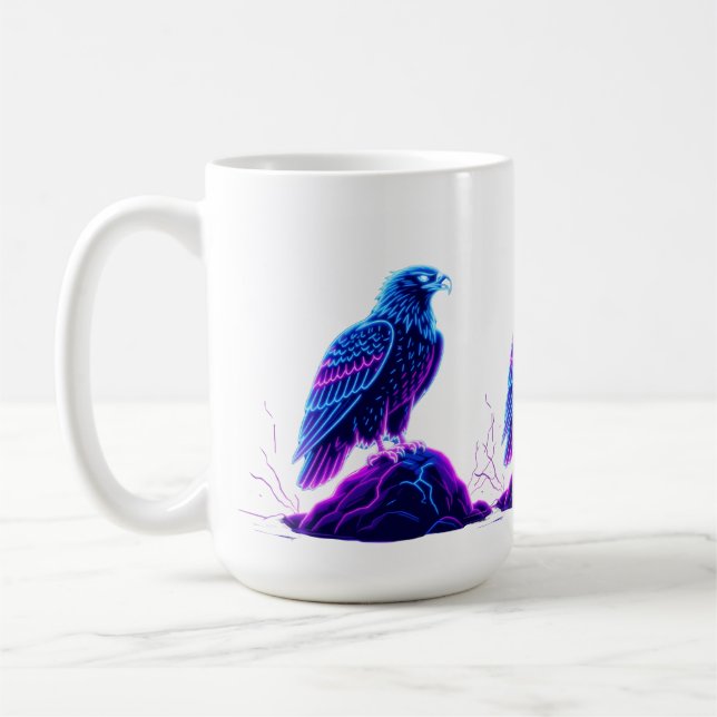 Neon Eagle on Glowing Rock – Cyberpunk Style Coffee Mug (Left)