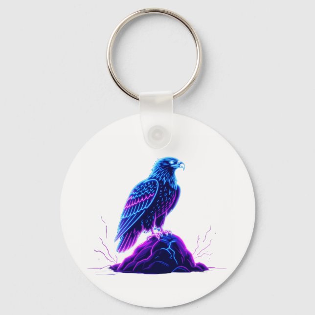 Neon Eagle on Glowing Rock – Cyberpunk Style Key Ring (Front)