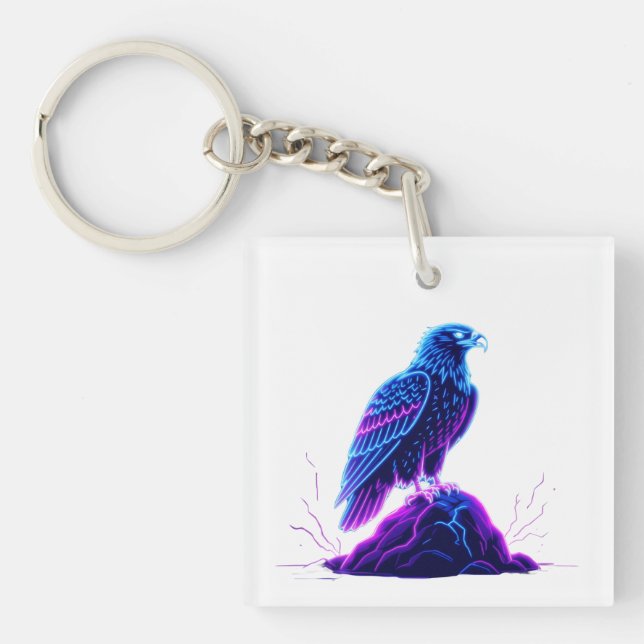 Neon Eagle on Glowing Rock – Cyberpunk Style Key Ring (Front)