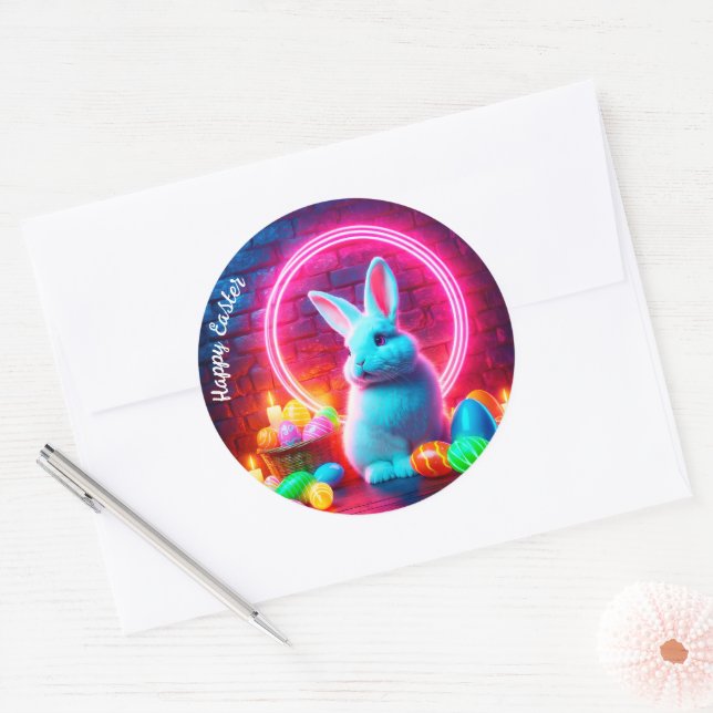Neon Easter rabbit egg pink modern cute decor  Classic Round Sticker (Envelope)