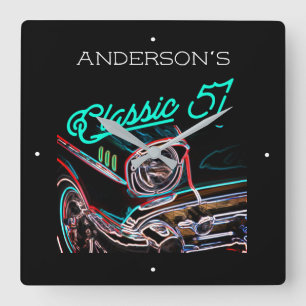 Neon Effect Chevy Classic 1957 Car Custom Name  Square Wall Clock