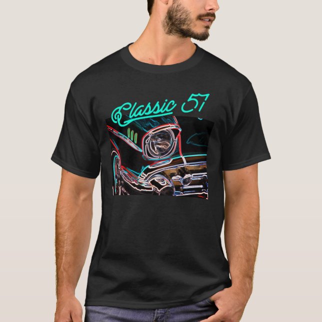 Neon Effect Chevy Classic 1957 Car Front Script T-Shirt (Front)