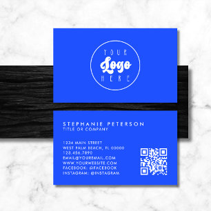 Neon Electric Blue Custom Company Logo QR Code Business Card