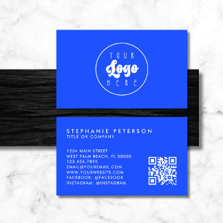 Neon Electric Blue Custom Company Logo QR Code Business Card