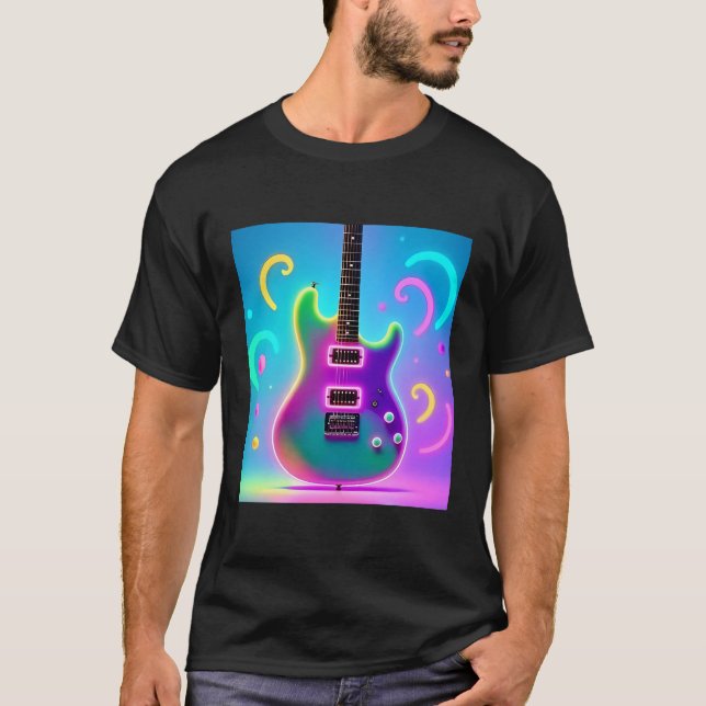Neon Electric Guitar - Retro Synthwave Music Art T-Shirt (Front)