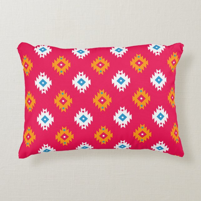 Neon Ethnic Coral Geometric Tribal Lines Decorative Cushion (Front)