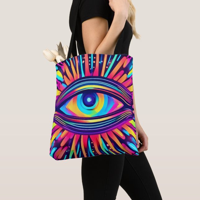 Neon Eye of the Cosmos Tote Bag (Close Up)