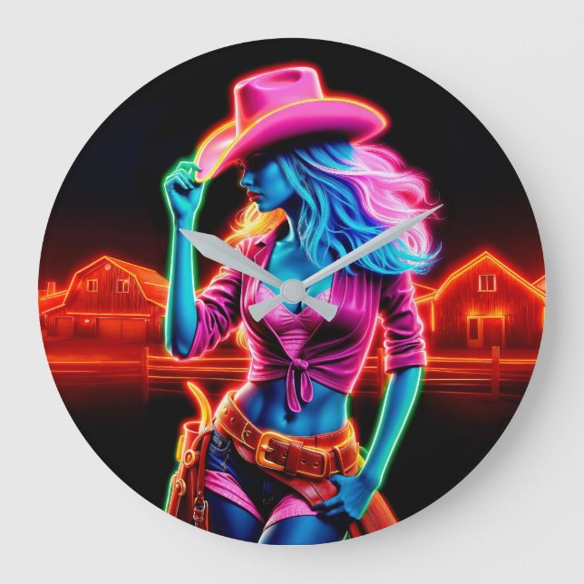 Neon fantasy cowgirl in glowing ranch setting large clock (Front)