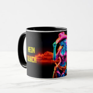 Neon fantasy cowgirl in glowing ranch setting mug