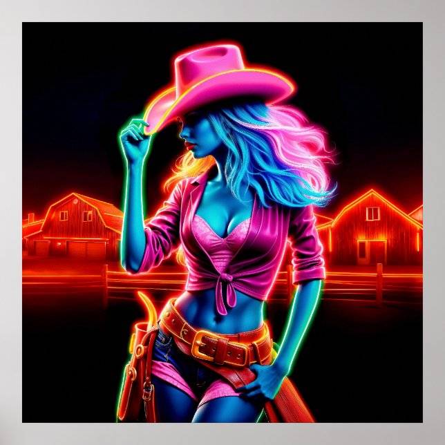 Neon fantasy cowgirl in glowing ranch setting poster (Front)