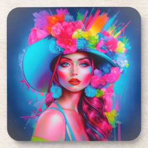 Neon Fantasy Floral Portrait  Coaster
