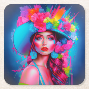 Neon Fantasy Floral Portrait  Square Paper Coaster