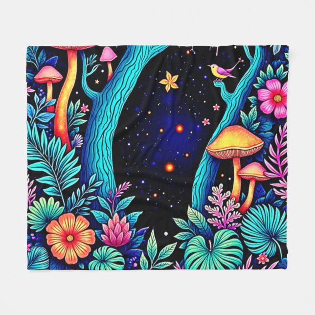 Neon Fantasy Forest Night Glow Design Fleece Blanket (Front (Horizontal))