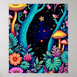 Neon Fantasy Forest Night Glow Design Poster