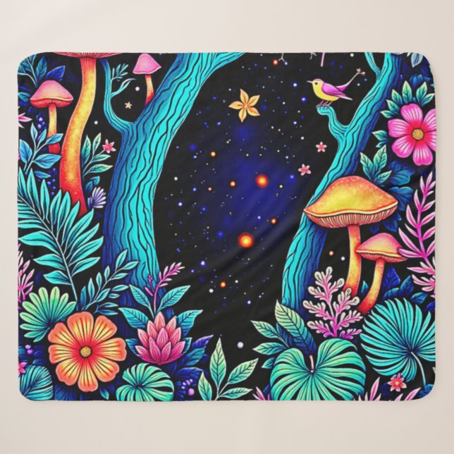 Neon Fantasy Forest Night Glow Design Sherpa Blanket (Front (Horizontal))