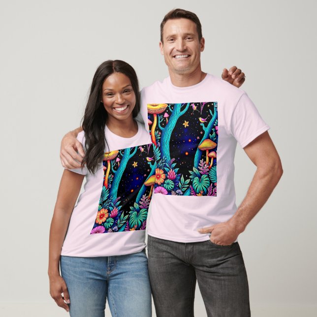 Neon Fantasy Forest Night Glow Design T-Shirt (Unisex)