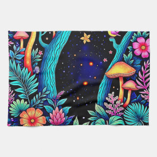 Neon Fantasy Forest Night Glow Design Tea Towel