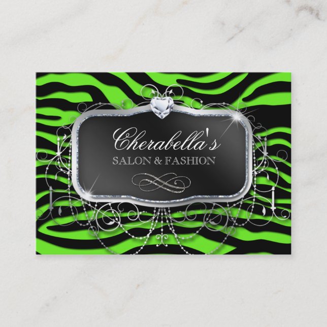 Neon Fashion Salon Zebra Glitter Green Modern Business Card (Front)
