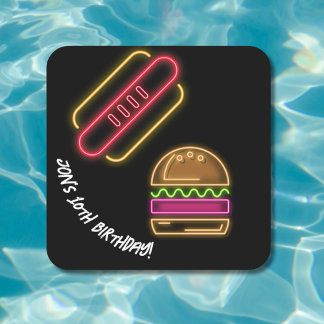 Neon Fast Food Monogram Name Vibrant Square Paper Coaster