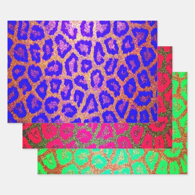 Neon Faux Glitter Leopard Print Wrapping Paper Sheet (Set)