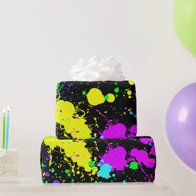 Neon, Faux Glow in the Dark, Paint Splatter Wrapping Paper (Party Gifts)