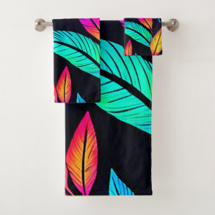 Neon Feather Pattern Vibrant Art Bath Towel Set