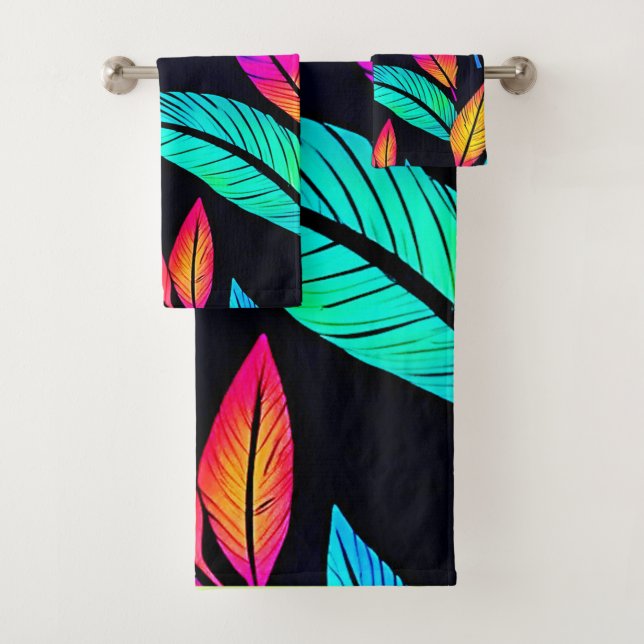 Neon Feather Pattern Vibrant Art Bath Towel Set (Insitu)