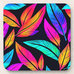 Neon Feather Pattern Vibrant Art Coaster