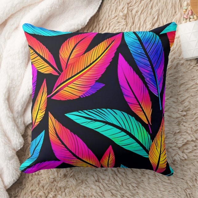 Neon Feather Pattern Vibrant Art Cushion (Blanket)