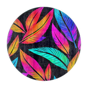Neon Feather Pattern Vibrant Art Cutting Board