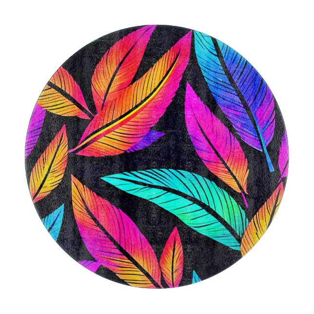 Neon Feather Pattern Vibrant Art Cutting Board (Front)