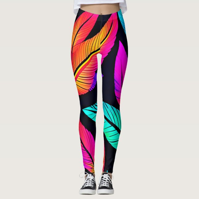 Neon Feather Pattern Vibrant Art Leggings (Front)