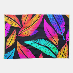 Neon Feather Pattern Vibrant Art Tea Towel