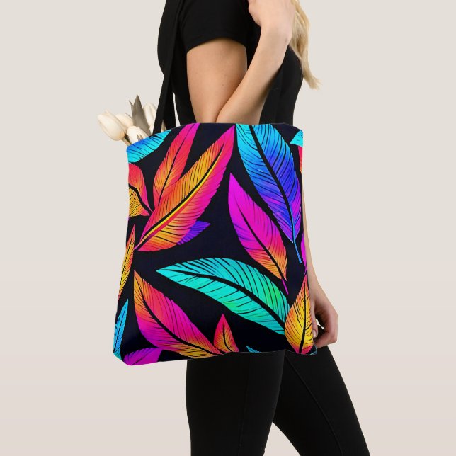 Neon Feather Pattern Vibrant Art Tote Bag (Close Up)