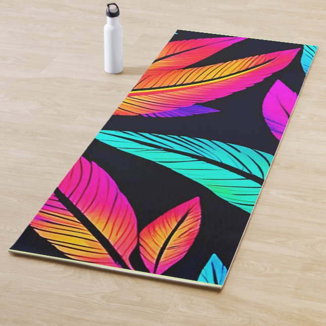 Neon Feather Pattern Vibrant Art Yoga Mat (In Situ)