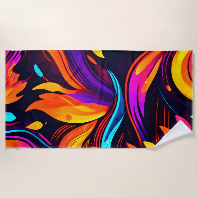 Neon Fire Design with Fiery Icons Beach Towel (Front)