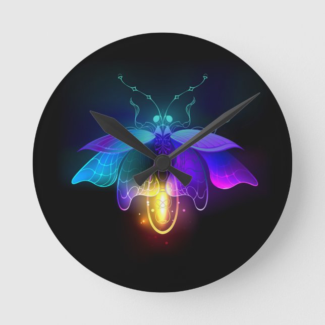 Neon Firefly on black Round Clock (Front)