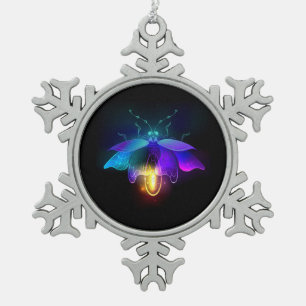 Neon Firefly on black Snowflake Pewter Christmas Ornament