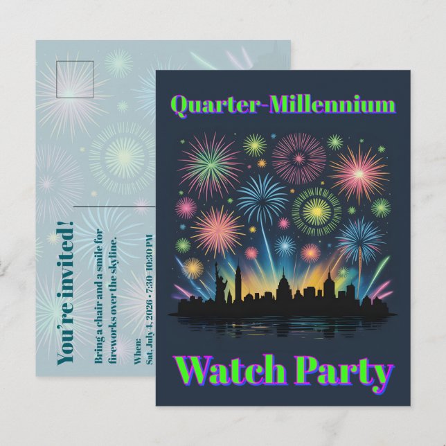 Neon Fireworks Invite • 1776–2026 Celebration Postcard (Front/Back)