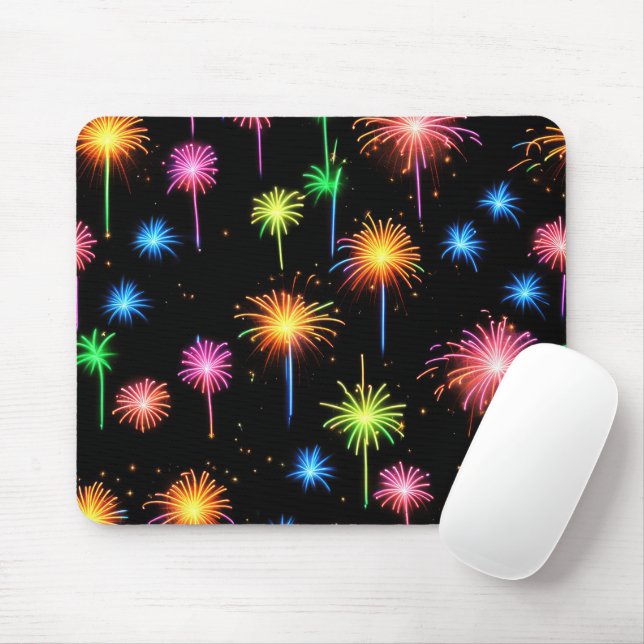 Neon Fireworks On Black Mouse Mat (With Mouse)