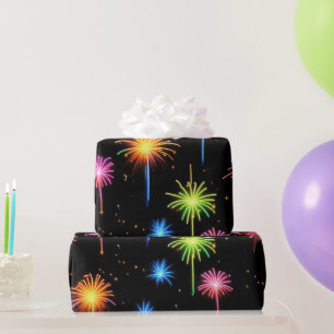 Neon Fireworks On Black Wrapping Paper