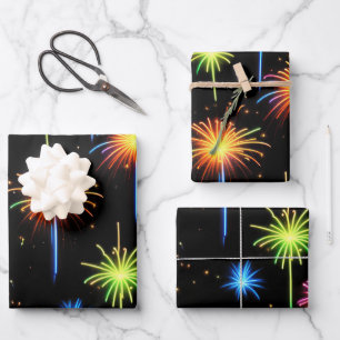 Neon Fireworks On Black Wrapping Paper Sheet