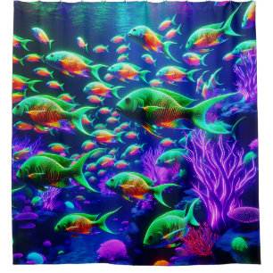 “Neon Fish Wonderland - Vibrant Underwater Art” Shower Curtain