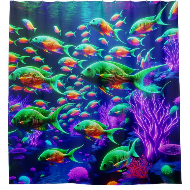 “Neon Fish Wonderland - Vibrant Underwater Art” Shower Curtain (Front)