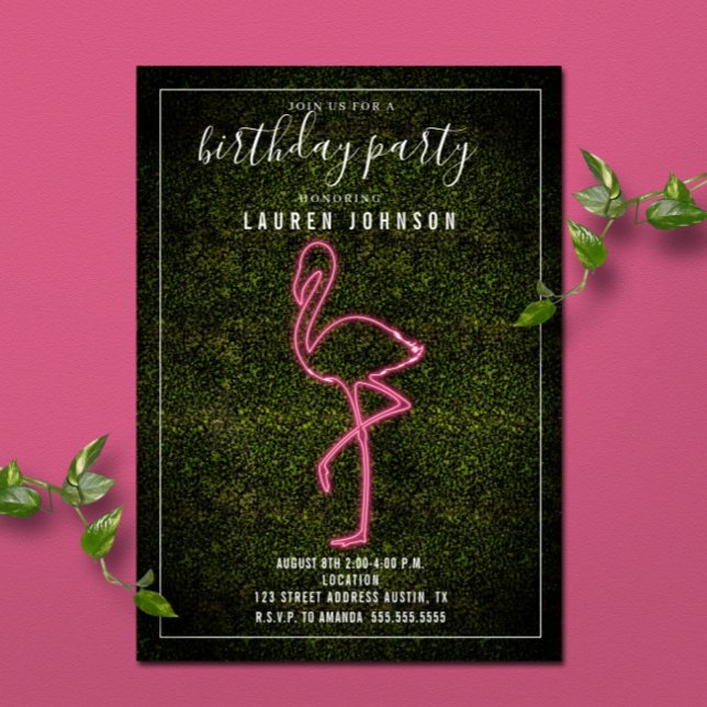 Neon Flamingo Boxwood Birthday Party Invitation (Creator Uploaded)