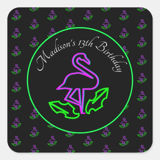 Neon Flamingo Glow Party Tropical Pink Favour Square Sticker (Front)