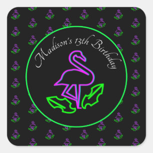 Neon Flamingo Glow Party Tropical Pink Favour Square Sticker