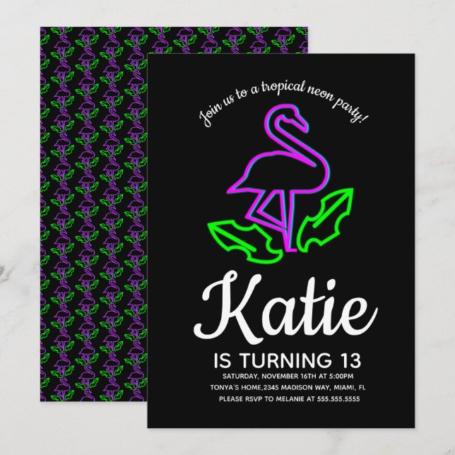 Neon Flamingo Glow Party Tropical Teen Invitation (Front/Back)