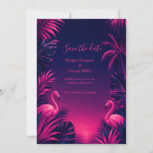Neon Flamingo Hawaii Tropical Floral Night Wedding Invitation